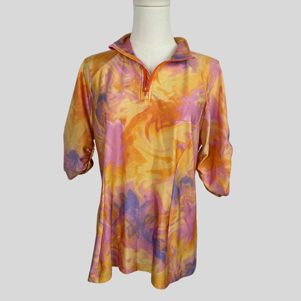 Tzu Tzu Shirt‎ L Multicolor Half-Zip Swirl Print Gathered Sleeves Golf Tennis